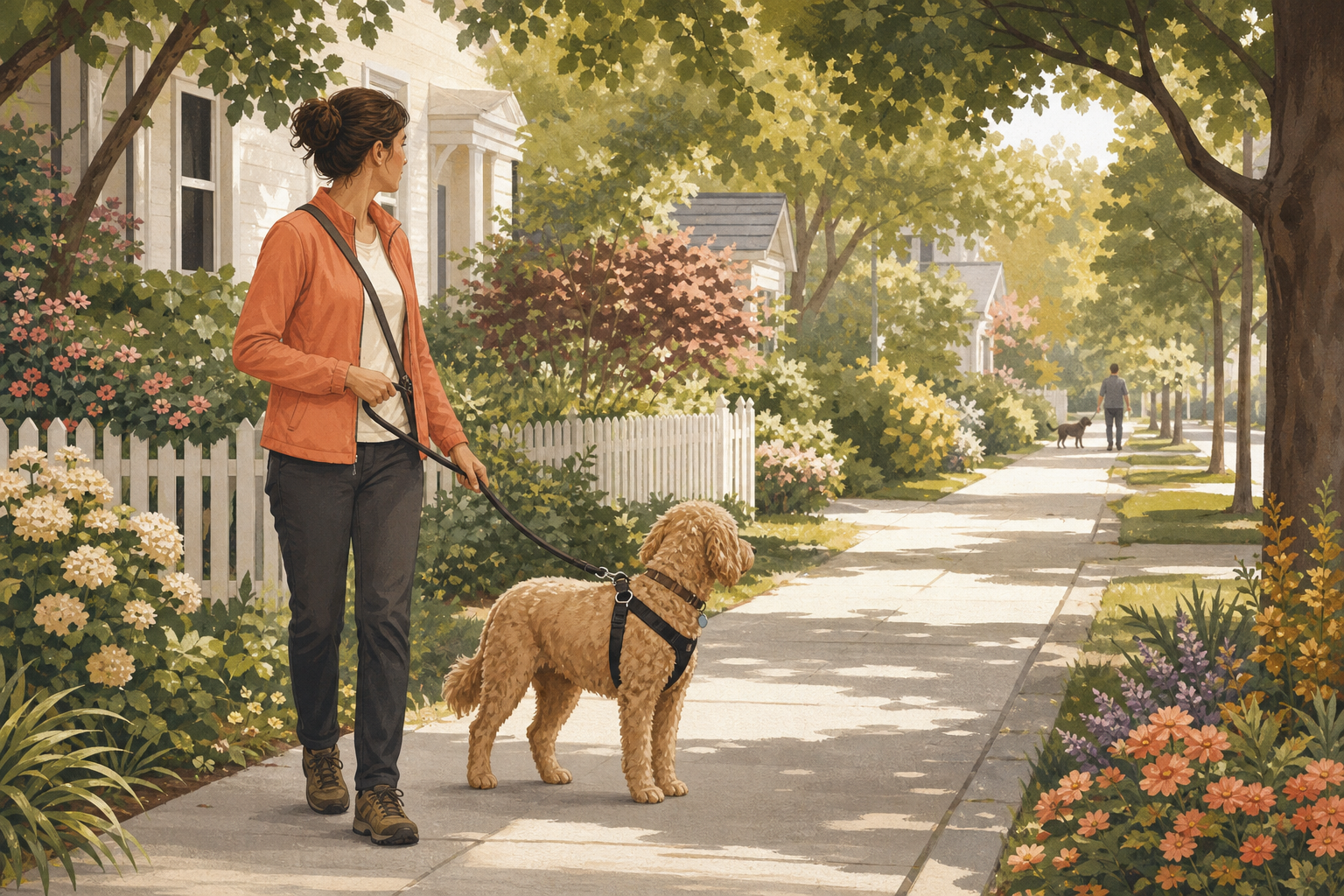 A caregiver practicing a safe dog walk with plenty of space