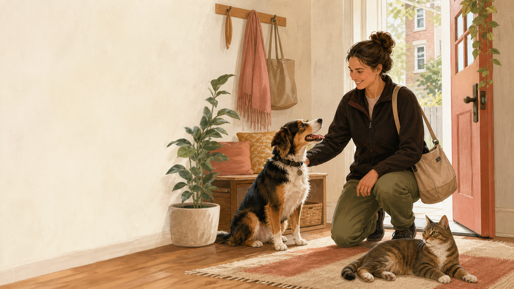 A Wags and Kisses caregiver calmly greeting a dog and cat